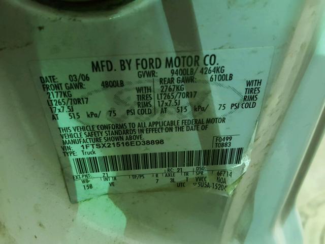 1FTSX21516ED38898 - 2006 FORD F250 SUPER WHITE photo 10