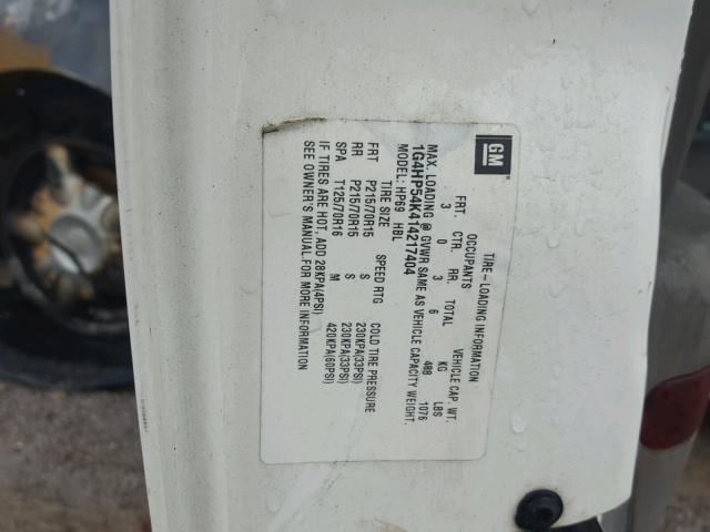 1G4HP54K414217404 - 2001 BUICK LESABRE CU WHITE photo 10