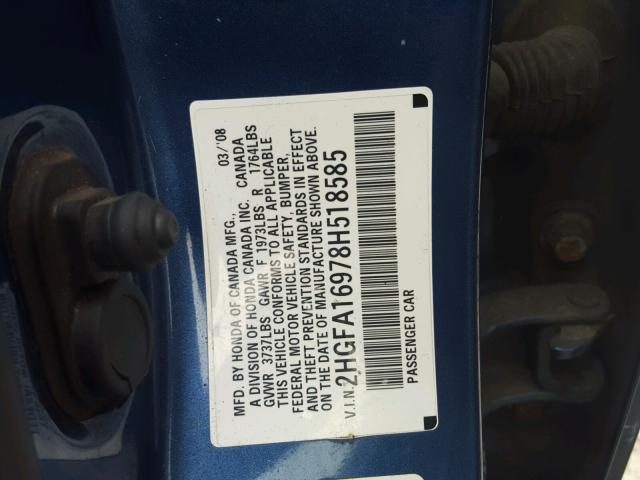 2HGFA16978H518585 - 2008 HONDA CIVIC EXL Mavi foto 10