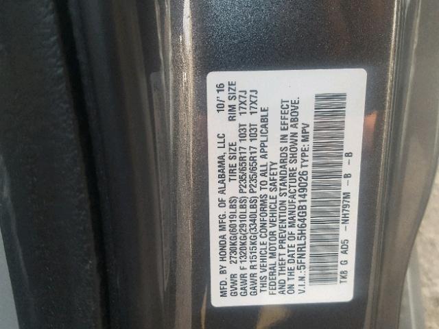 5FNRL5H64GB149026 - 2016 HONDA ODYSSEY EX GRAY photo 10