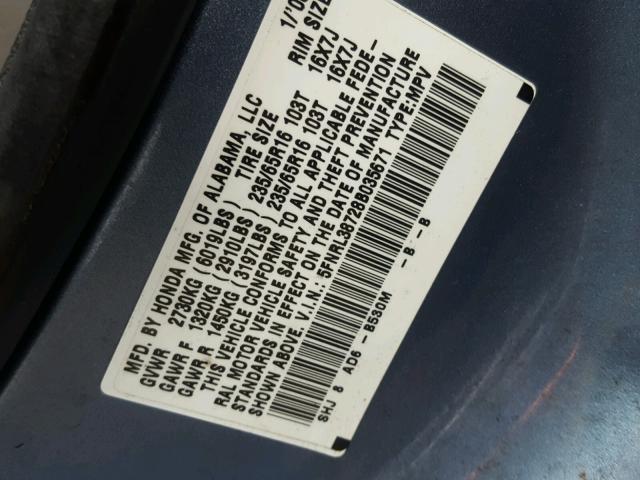 5FNRL38728B035671 - 2008 HONDA ODYSSEY EX BLUE photo 10