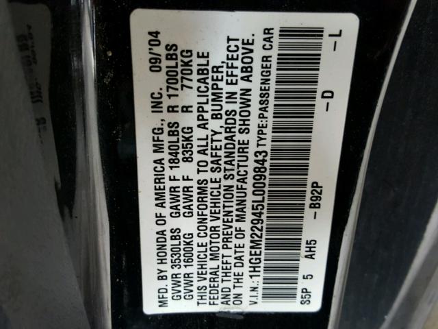 1HGEM22945L009843 - 2005 HONDA CIVIC EX შავი ფოტო 10