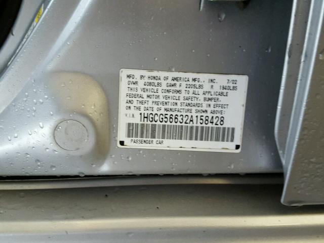 1HGCG56632A158428 - 2002 HONDA ACCORD EX SILVER photo 10