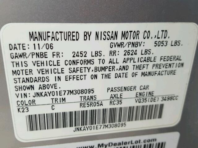 JNKAY01E77M308095 - 2007 INFINITI M35 BASE SILVER photo 10