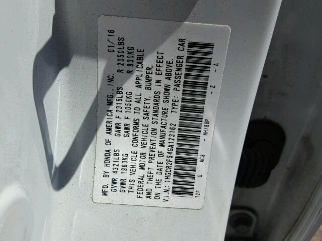 1HGCR2F54GA123162 - 2016 HONDA ACCORD SPO WHITE photo 10