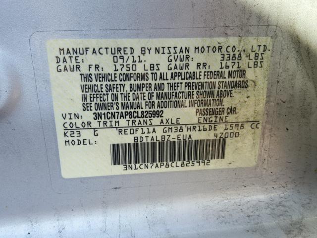 3N1CN7AP8CL825992 - 2012 NISSAN VERSA S SILVER photo 10