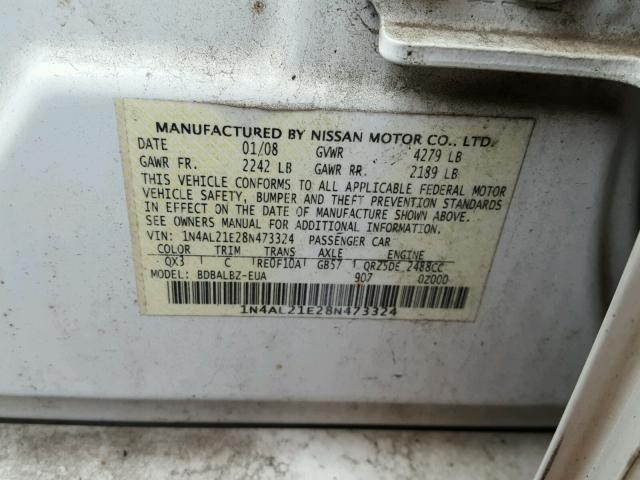 1N4AL21E28N473324 - 2008 NISSAN ALTIMA 2.5 WHITE photo 10