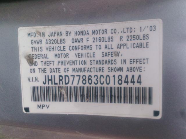 JHLRD77863C018444 - 2003 HONDA CR-V EX SILVER photo 10