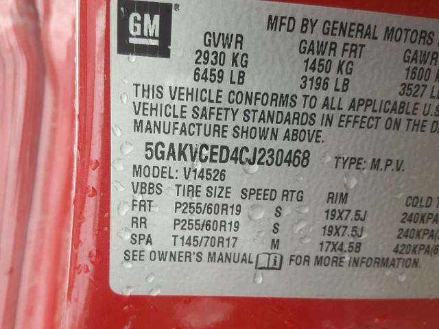 5GAKVCED4CJ230468 - 2012 BUICK ENCLAVE RED photo 10