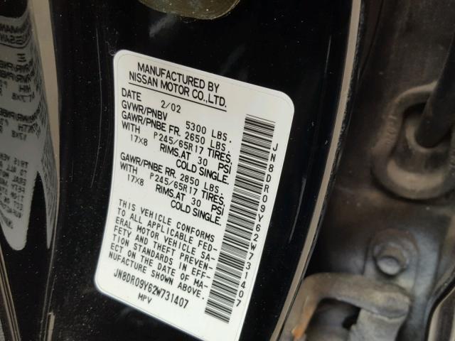 JN8DR09Y62W731407 - 2002 NISSAN PATHFINDER BLACK photo 10