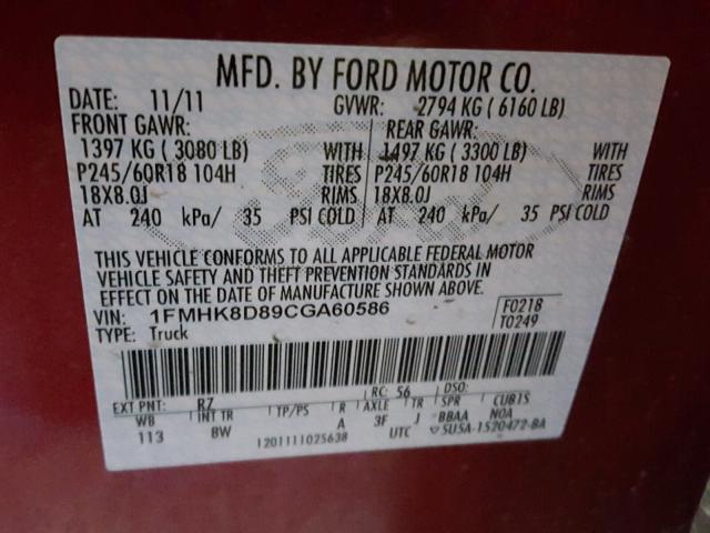 1FMHK8D89CGA60586 - 2012 FORD EXPLORER X RED photo 10