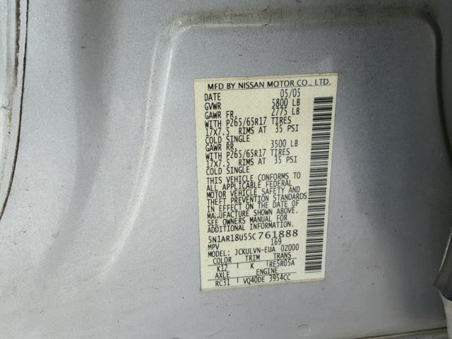 5N1AR18U55C761888 - 2005 NISSAN PATHFINDER SILVER photo 10