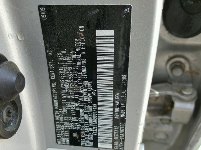 4T3ZE11A69U017139 - 2009 TOYOTA VENZA BASE SILVER photo 10