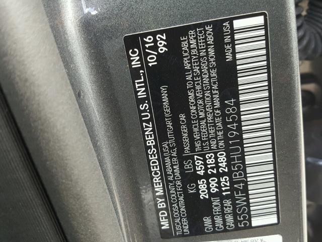 55SWF4JB5HU194584 - 2017 MERCEDES-BENZ C 300 GRAY photo 10