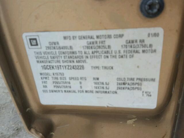 1GCEK19T1YZ243228 - 2000 CHEVROLET SILVERADO TAN photo 10