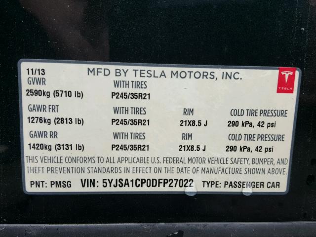 5YJSA1CP0DFP27022 - 2013 TESLA MODEL S GREEN photo 10