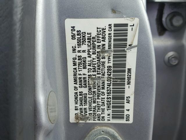 1HGES16374L024289 - 2004 HONDA CIVIC DX V SILVER photo 10