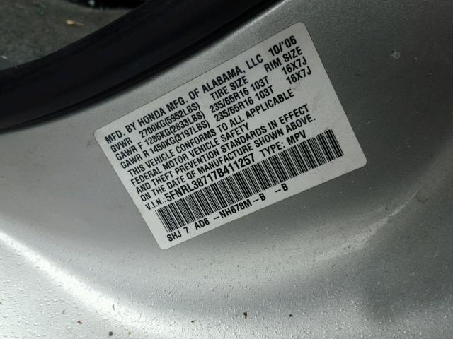 5FNRL38717B411257 - 2007 HONDA ODYSSEY EX SILVER photo 10