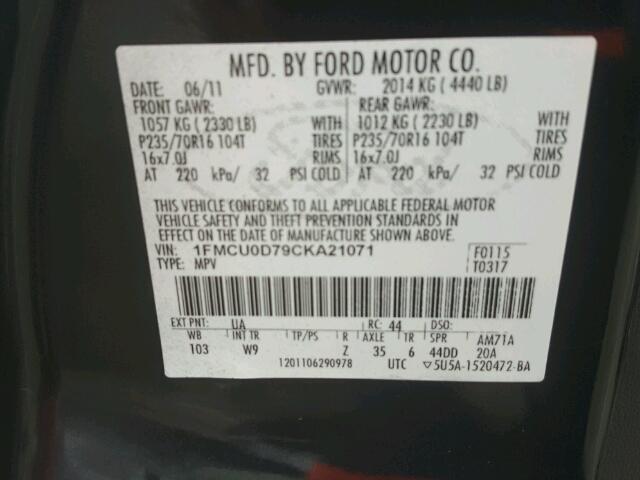 1FMCU0D79CKA21071 - 2012 FORD ESCAPE XLT BLACK photo 10