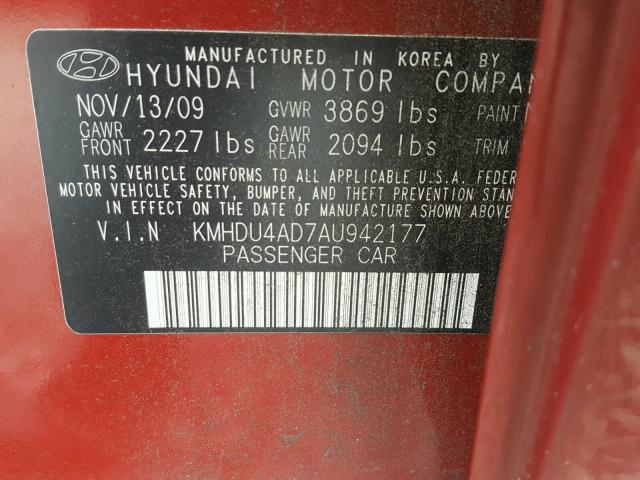 KMHDU4AD7AU942177 - 2010 HYUNDAI ELANTRA BL RED photo 10