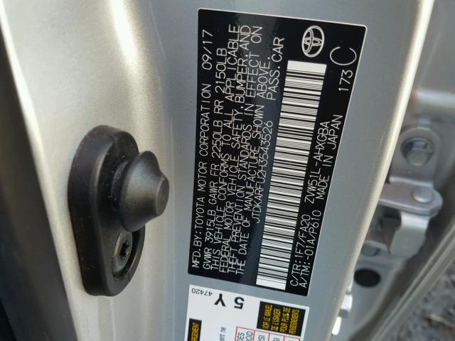 JTDKARFU2H3543526 - 2017 TOYOTA PRIUS SILVER photo 10