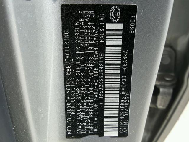 4T1BE32K55U949419 - 2005 TOYOTA CAMRY LE SILVER photo 10