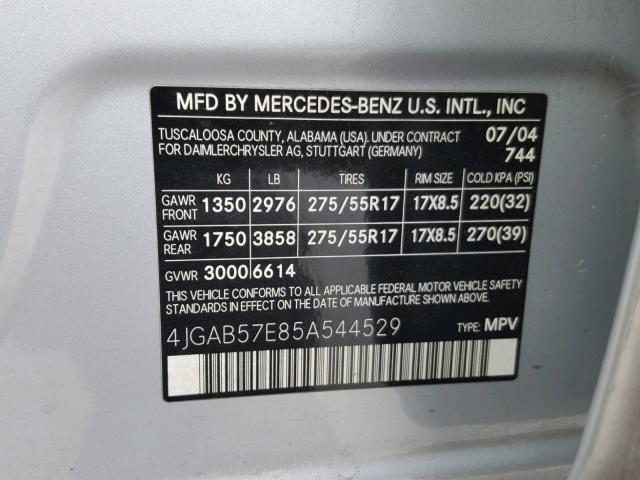 4JGAB57E85A544529 - 2005 MERCEDES-BENZ ML 350 SILVER photo 10