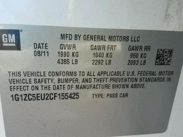 1G1ZC5EU2CF155425 - 2012 CHEVROLET MALIBU 1LT 白色 照片 10