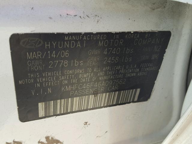 KMHFC46F46A097562 - 2006 HYUNDAI AZERA SE WHITE photo 10