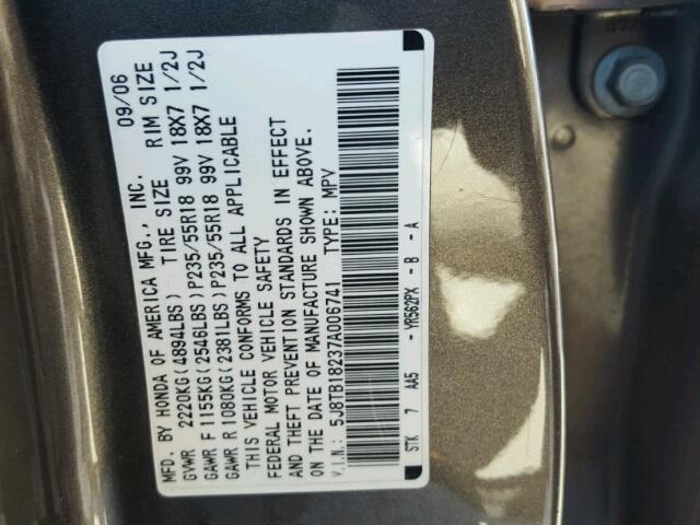 5J8TB18237A006741 - 2007 ACURA RDX GRAY photo 10