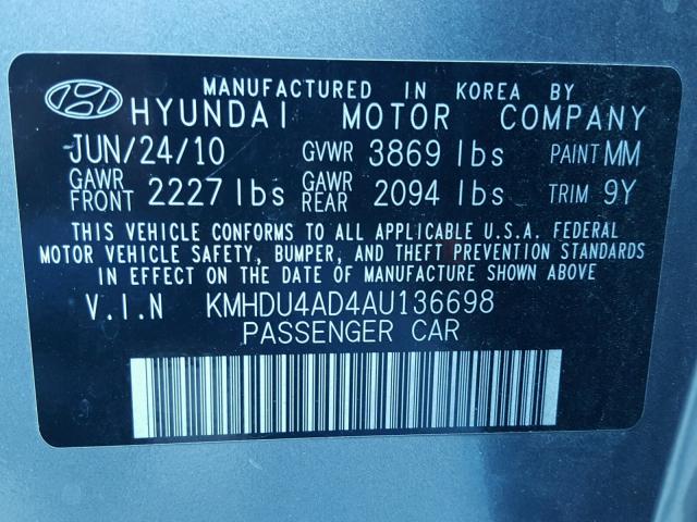 KMHDU4AD4AU136698 - 2010 HYUNDAI ELANTRA BL GRAY photo 10