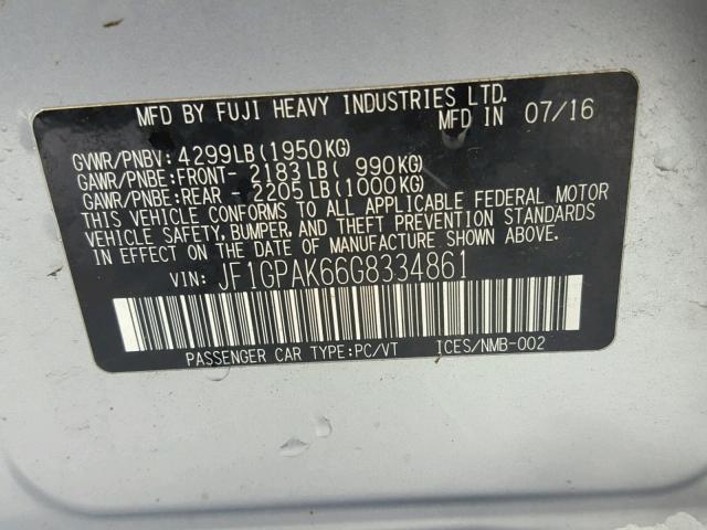 JF1GPAK66G8334861 - 2016 SUBARU IMPREZA LI SILVER photo 10