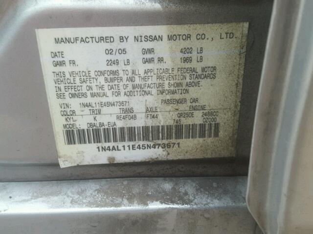 1N4AL11E45N473671 - 2005 NISSAN ALTIMA S SILVER photo 10