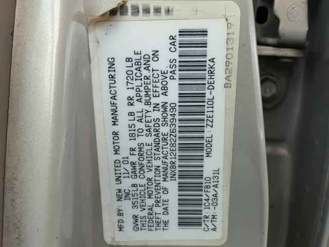 1NXBR12E82Z639490 - 2002 TOYOTA COROLLA CE SILVER photo 10