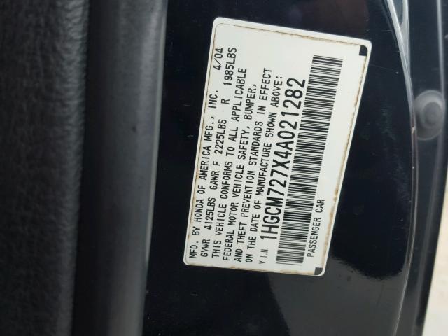 1HGCM727X4A021282 - 2004 HONDA ACCORD EX BLACK photo 10