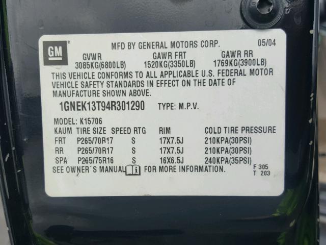 1GNEK13T94R301290 - 2004 CHEVROLET TAHOE K150 BLACK photo 10