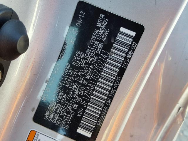 JF1ZNAA17D2702743 - 2013 TOYOTA SCION FR-S ვერცხლისფერი ფოტო 10