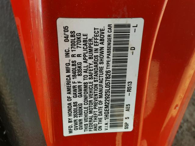 1HGEM22925L057826 - 2005 HONDA CIVIC EX RED photo 10