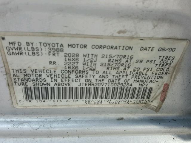 JTEHH20V710029284 - 2001 TOYOTA RAV4 SILVER photo 10