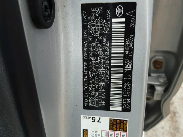 JTDKB20U383344644 - 2008 TOYOTA PRIUS SILVER photo 10