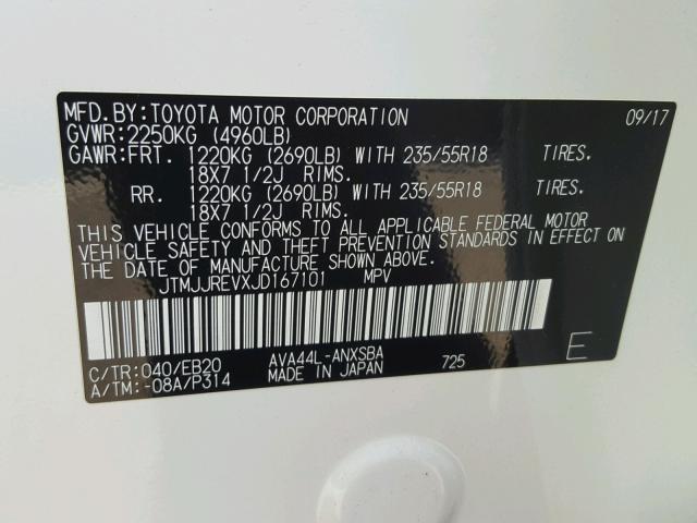 JTMJJREVXJD167101 - 2018 TOYOTA RAV4 HV SE WHITE photo 10