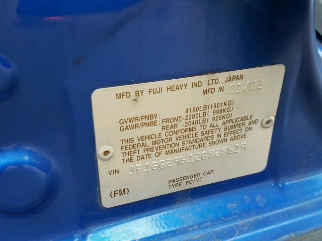 JF1GG29612G828619 - 2002 SUBARU IMPREZA WR BLUE photo 10