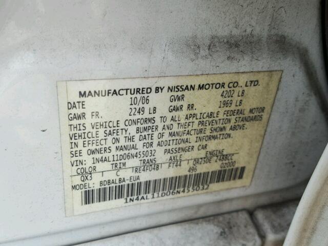 1N4AL11D06N455032 - 2006 NISSAN ALTIMA S WHITE photo 10