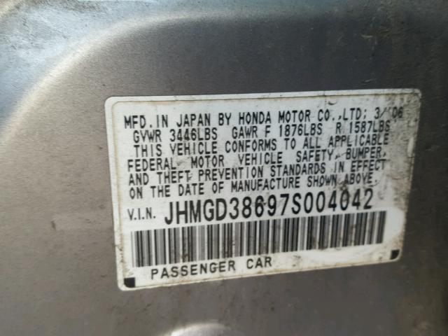 JHMGD38697S004042 - 2007 HONDA FIT S GRAY photo 10