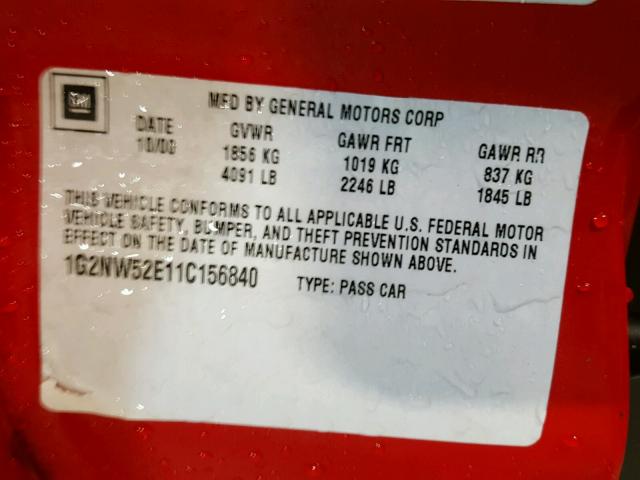 1G2NW52E11C156840 - 2001 PONTIAC GRAND AM G RED photo 10