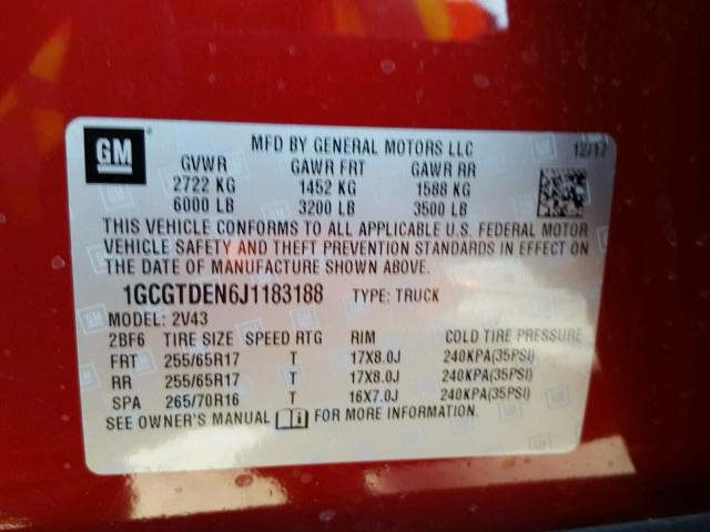 1GCGTDEN6J1183188 - 2018 CHEVROLET COLORADO Z RED photo 10