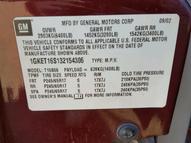 1GKET16S132154306 - 2003 GMC ENVOY XL MAROON photo 10