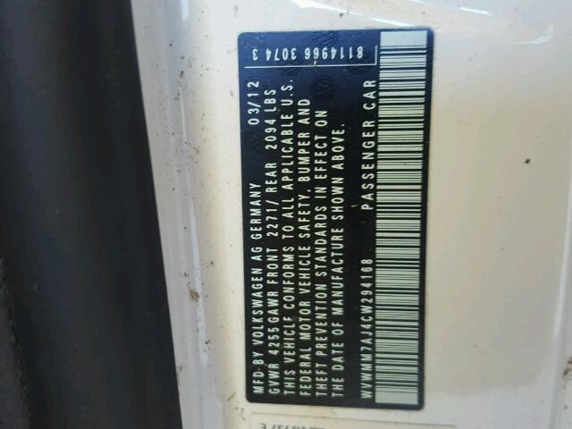 WVWMM7AJ4CW294168 - 2012 VOLKSWAGEN GOLF 白色 照片 10