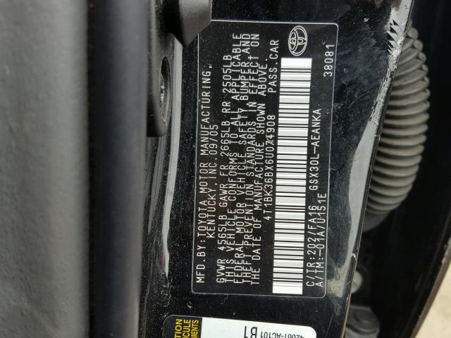 4T1BK36BX6U074908 - 2006 TOYOTA AVALON XL BLACK photo 10