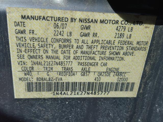 1N4AL21E27N485777 - 2007 NISSAN ALTIMA 2.5 GRAY photo 10